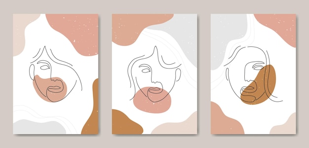 Conjunto de tres caras de arte de línea moderna estética abstracta de mediados de siglo Plantilla de portada de cartel boho contemporáneo.