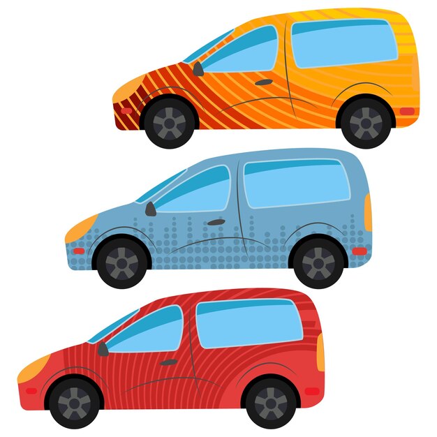 Un conjunto de tres coches pintados en diferentes colores. Ilustración vectorial