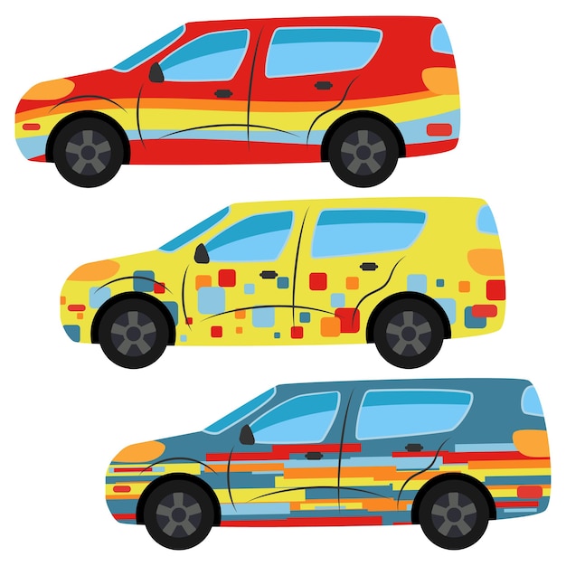 Un conjunto de tres coches pintados en diferentes colores. Ilustración vectorial