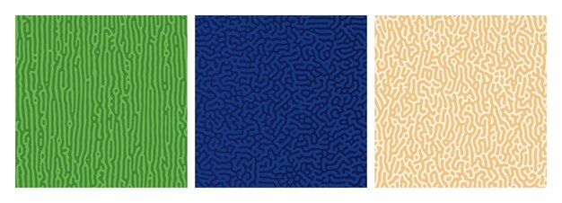 Conjunto de tres coloridos fondos de gradiente de reacción de turing Patrón de difusión abstracto con formas caóticas Ilustración vectorial