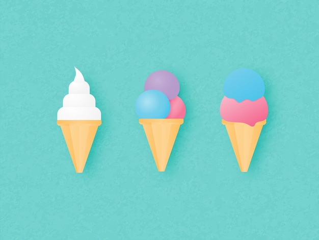 Conjunto de tres conos de helado en fondo verde Ilustración vectorial