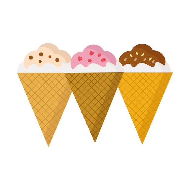 Conjunto de tres conos de helado sobre fondo blanco para diseño web