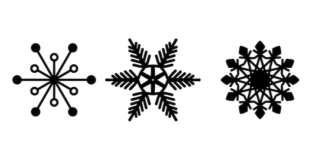 Conjunto de tres copos de nieve negros en diseños simétricos únicos