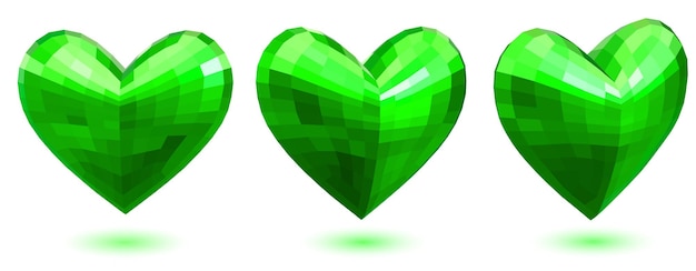 Conjunto de tres corazones facetados de volumen en colores verdes con sombras sobre fondo blanco