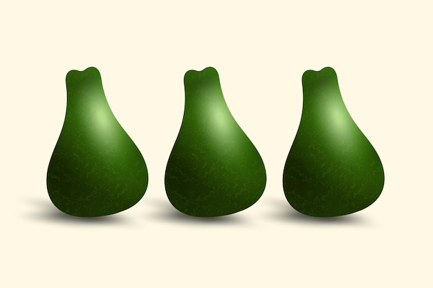Conjunto de tres diseños vectoriales de aguacates frescos verdes en un fondo aislado tres frutas frescas y saludables