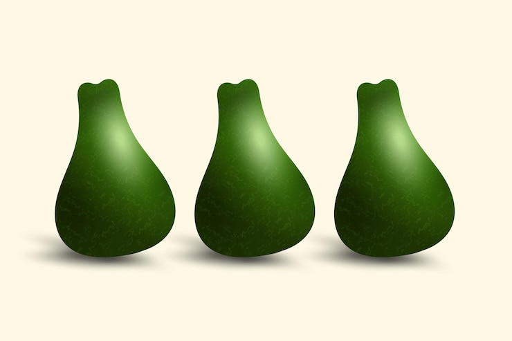 Vector conjunto de tres diseños vectoriales de aguacates frescos verdes en un fondo aislado tres frutas frescas y saludables