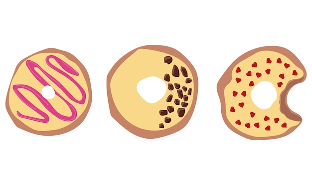 Conjunto de tres donuts con ilustración de vector de icono de donut de glaseado amarillo
