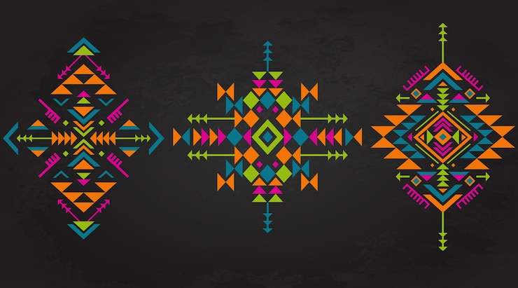 Vector conjunto de tres elementos de patrones étnicos coloridos con formas geométricas