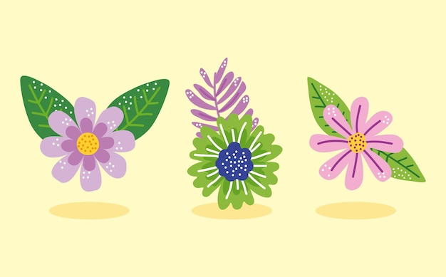 Vector conjunto de tres flores de temporada de primavera.