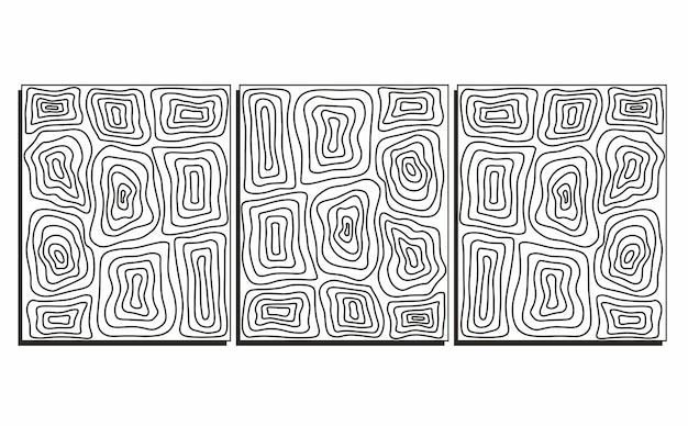 Conjunto de tres fondos groovy ondas y líneas en color negro y blanco remolino patrón de remolino
