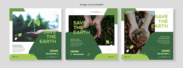 Vector conjunto de tres fondos minimalistas de la plantilla de paquete de redes sociales del banner de promoción de la naturaleza del día mundial del medio ambiente vector premium