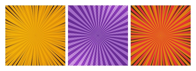 Conjunto de tres fondos de páginas de cómics en estilo pop art con plantilla de espacio vacío con puntos de rayos y textura de efecto de trama de semitonos Ilustración vectorial