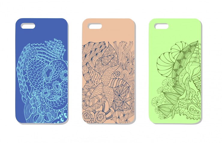 Vector un conjunto de tres fundas para móvil. fondo de vector en estilo zentangle. elementos dibujados a mano.