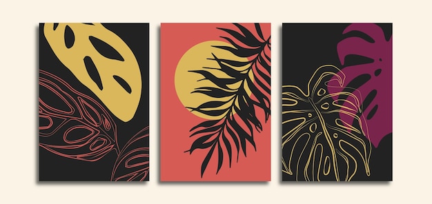 Conjunto De Tres Hojas De Arte De Línea Minimalista Fondo De Póster Bohemio Con Monstera Y Hojas De Palma