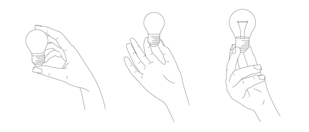 Conjunto de tres ilustraciones de mano sosteniendo una bombilla en diferentes posiciones de gesto