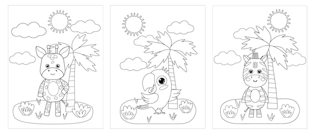 Conjunto de tres libros para colorear para niños con animales de la selva Contorno negro de animales de cuento de hadas en blanco Esbozo formas simples Ilustración vectorial