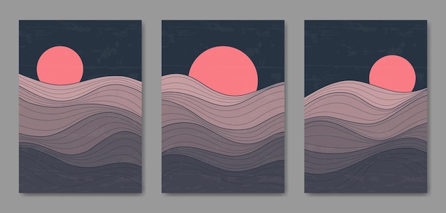 Conjunto de tres líneas de paisaje moderno estético abstracto de mediados de siglo Plantilla de portada de póster boho contemporáneo.