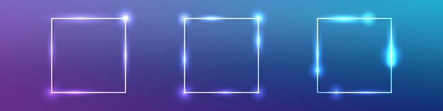 Conjunto de tres marcos cuadrados de neón con efectos brillantes sobre fondo azul oscuro telón de fondo techno brillante vacío Ilustración vectorial