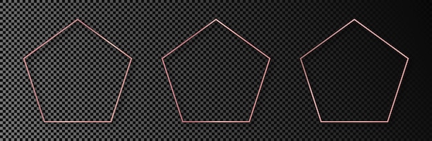 Conjunto de tres marcos de forma de pentágono brillante de oro rosa aislados sobre fondo transparente Marco brillante con efectos brillantes Ilustración vectorial