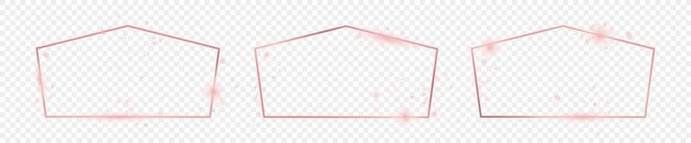 Conjunto de tres marcos de forma de tetragón brillante de oro rosa aislados sobre un fondo transparente Marco brillante con efectos brillantes Ilustración vectorial