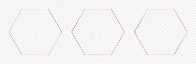 Conjunto de tres marcos hexagonales brillantes de oro rosa aislados sobre fondo transparente Marco brillante con efectos brillantes Ilustración vectorial