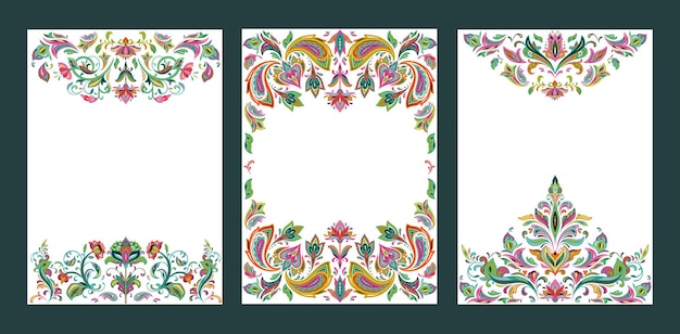 Conjunto de tres marcos prefabricados vectoriales con motivos orientales y adornos de paisley