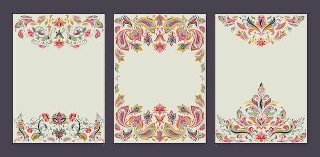 Conjunto de tres marcos prefabricados vectoriales con motivos orientales y adornos de paisley