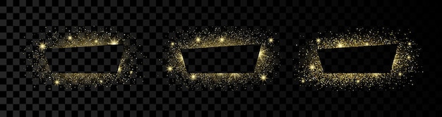 Conjunto de tres marcos de trapecio dorado con destellos de brillo y bengalas sobre fondo transparente oscuro telón de fondo de lujo vacío ilustración vectorial