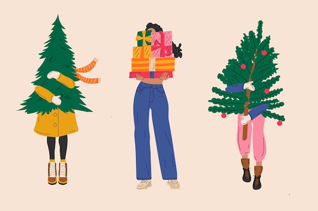 Conjunto de tres niñas que llevan árbol de Navidad sobre fondo blanco aislado. ilustración vectorial