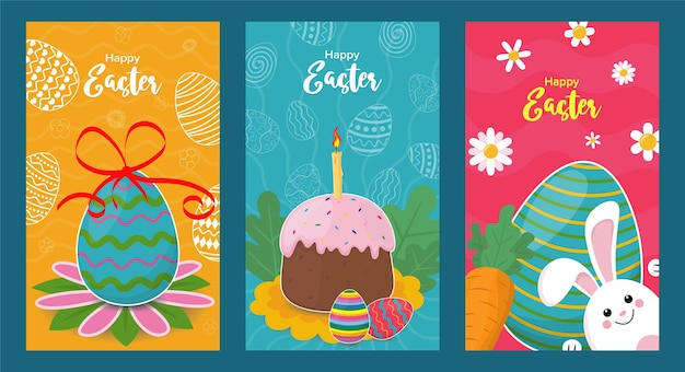 Conjunto de tres pancartas para el día de pascua con elementos de huevos pastel de pascua flores zanahoria y conejo