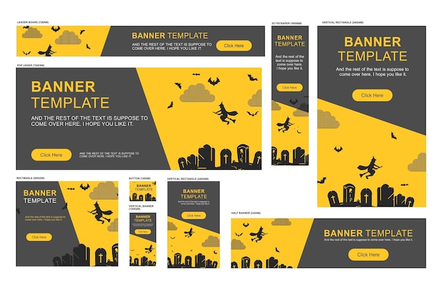 Vector conjunto de tres pancartas de halloween con calabazas, arañas y castillo oscuro en el cementerio