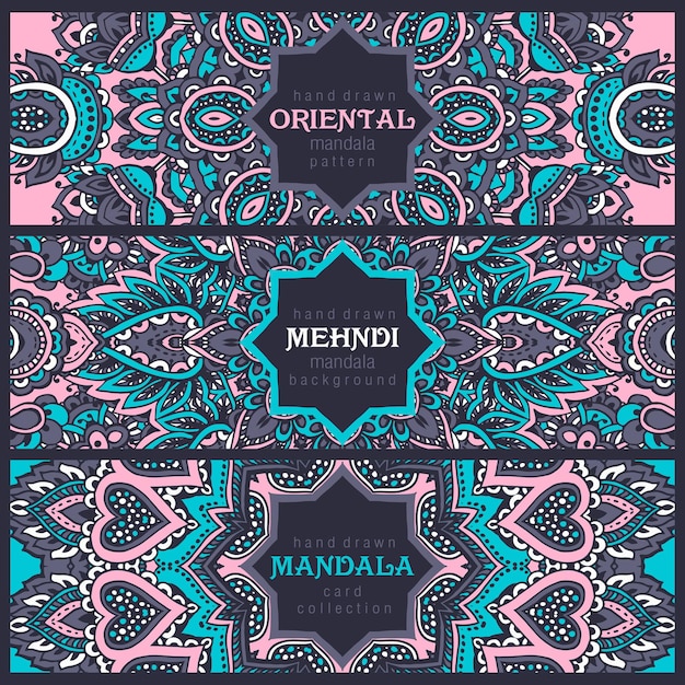 Vector conjunto de tres pancartas horizontales con adornos abstractos de henna mehndi