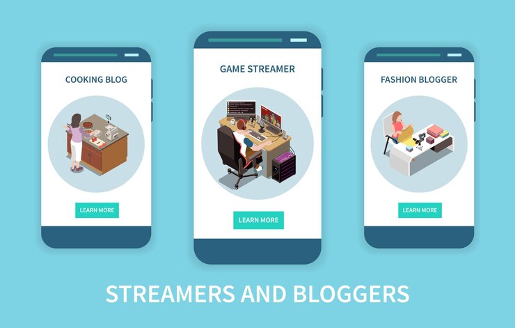 Vector conjunto de tres pancartas isométricas verticales con moda de cocina y video de transmisión de blogger de juegos aislado
