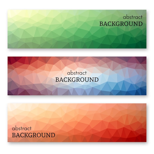 Conjunto de tres pancartas multicolores en estilo low poly art. Fondo con lugar para el texto. Ilustración vectorial
