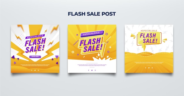 Un conjunto de tres pancartas para plantilla de venta flash post venta flash estilo amarillo