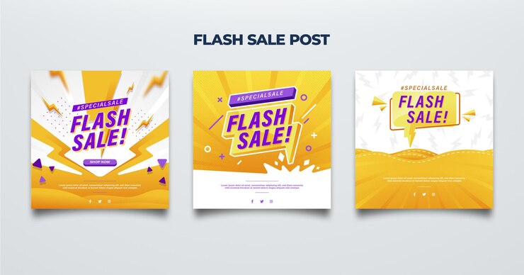 Un conjunto de tres pancartas para plantilla de venta flash post venta flash estilo amarillo