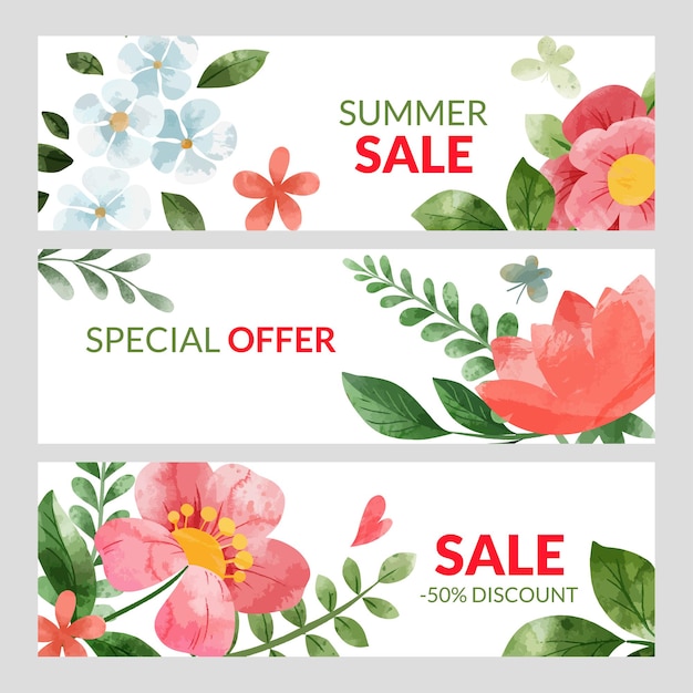 Vector conjunto de tres pancartas de verano con flores rojas de acuarela