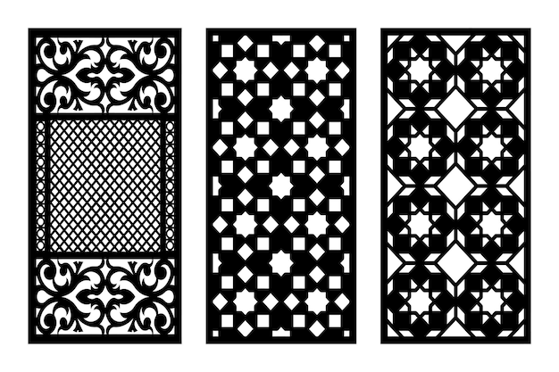 Conjunto de tres paneles decorativos con patrones ornamentales y geométricos en blanco y negro