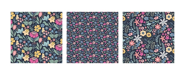 Conjunto de tres patrones sin costuras vectoriales fondos florales de primavera de Pascua