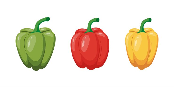 Vector conjunto de tres pimientos de colores diferentes aislados sobre un fondo blanco pimientos de pimientos rojos, verdes y amarillos ilustración vectorial