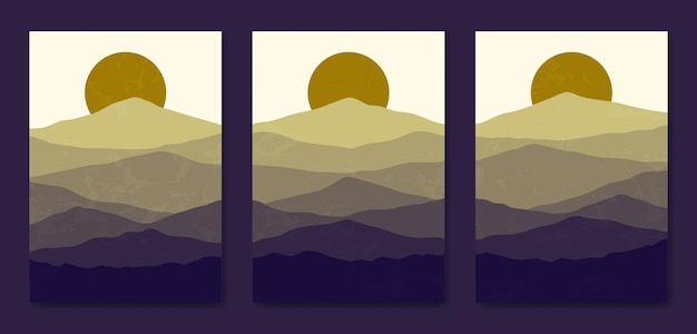 Conjunto de tres plantilla de portada de cartel boho contemporáneo de paisaje moderno de mediados de siglo abstracto estético.