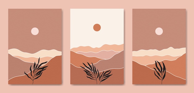 Conjunto de tres plantilla de póster boho contemporáneo de paisaje moderno estético abstracto de mediados de siglo