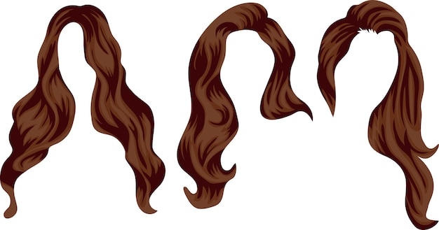conjunto de tres plantillas de cabello largo marrón femenino para personajes femeninos