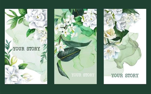 Conjunto de tres plantillas de historias de insta con flores.