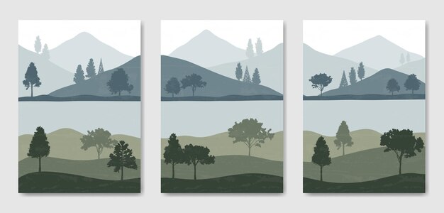 Conjunto de tres plantillas de póster boho contemporáneo de paisaje moderno estético de mediados de siglo