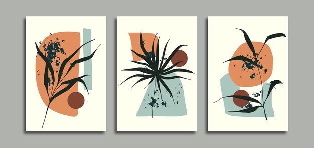 Conjunto de tres póster de arte de pared backgroung con hojas y formas abstractas