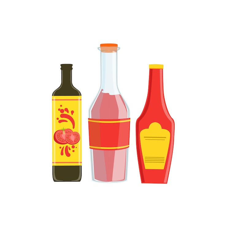 Vector conjunto de tres salsas industriales en botellas de plástico incluyendo soja asiática picante y ketchup