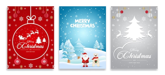 Vector conjunto de tres tarjetas feliz navidad y feliz año nuevo. árbol de navidad, plata, azul, fondo rojo.