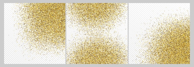 Conjunto de tres telones de fondo de confeti de brillo dorado aislados en fondos transparentes blancos Textura de celebración con efecto de luz brillante Ilustración vectorial