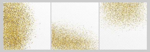 Conjunto de tres telones de fondo de confeti de brillo dorado aislados en fondos transparentes blancos Textura de celebración con efecto de luz brillante Ilustración vectorial